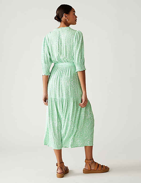 Printed V-Neck Midi Waisted Dress