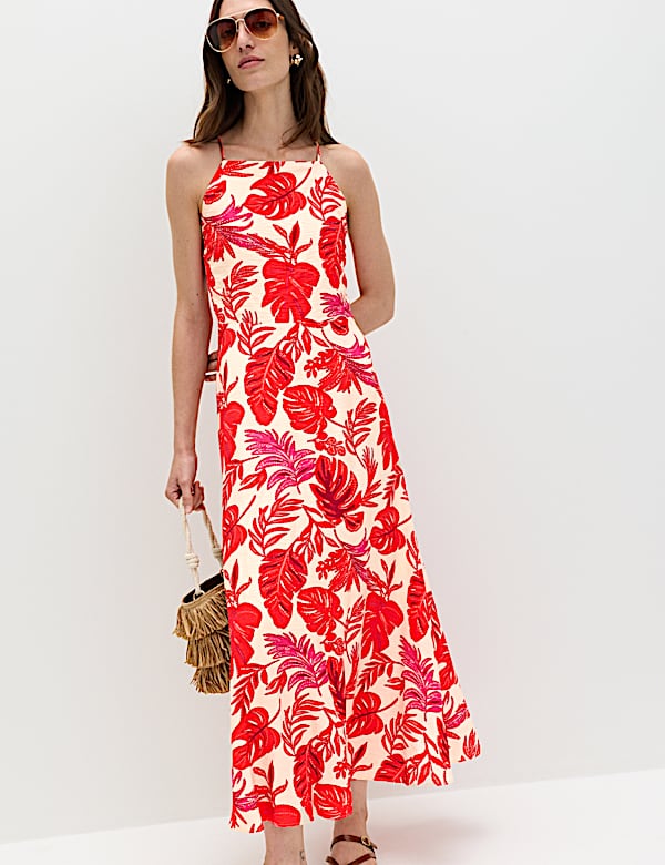 Leaf Print Strappy Midaxi Cami Dress