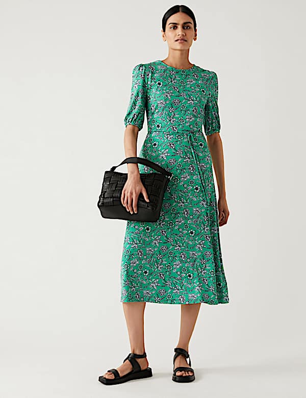 Jersey Printed Belted Midi Tea Dress