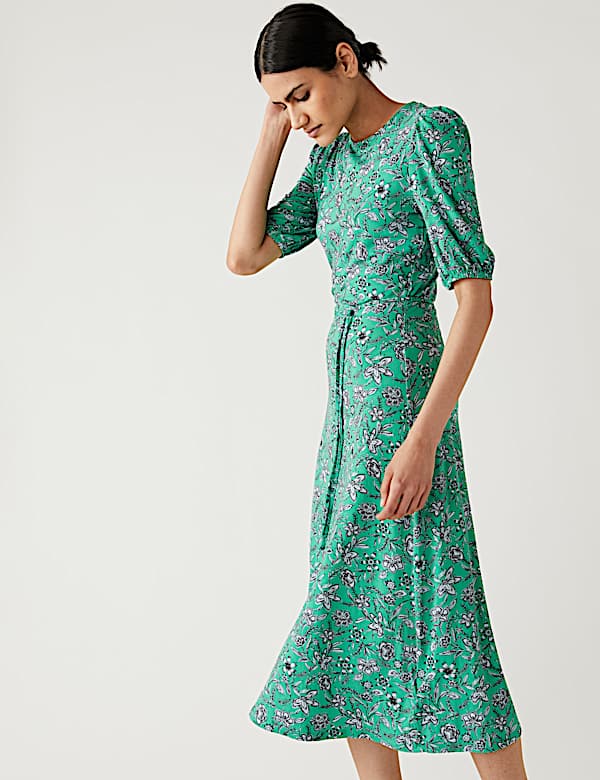 Jersey Printed Belted Midi Tea Dress