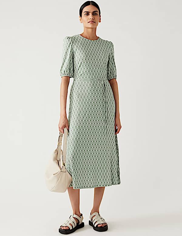 Jersey Printed Belted Midi Tea Dress