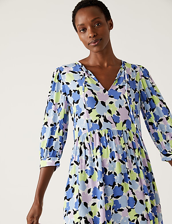 Printed Tie Neck Puff Sleeve Midi Dress