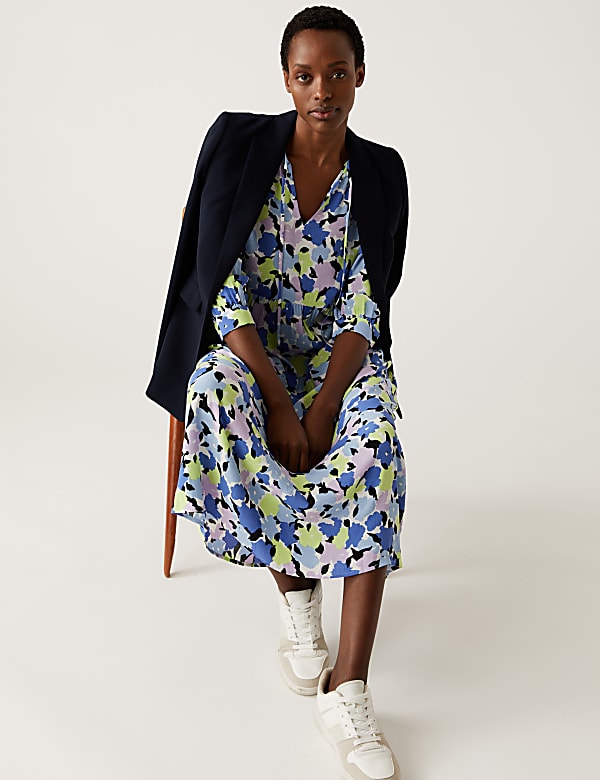 Printed Tie Neck Puff Sleeve Midi Dress