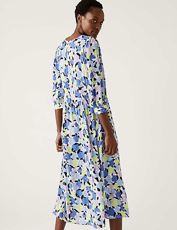 Printed Tie Neck Puff Sleeve Midi Dress