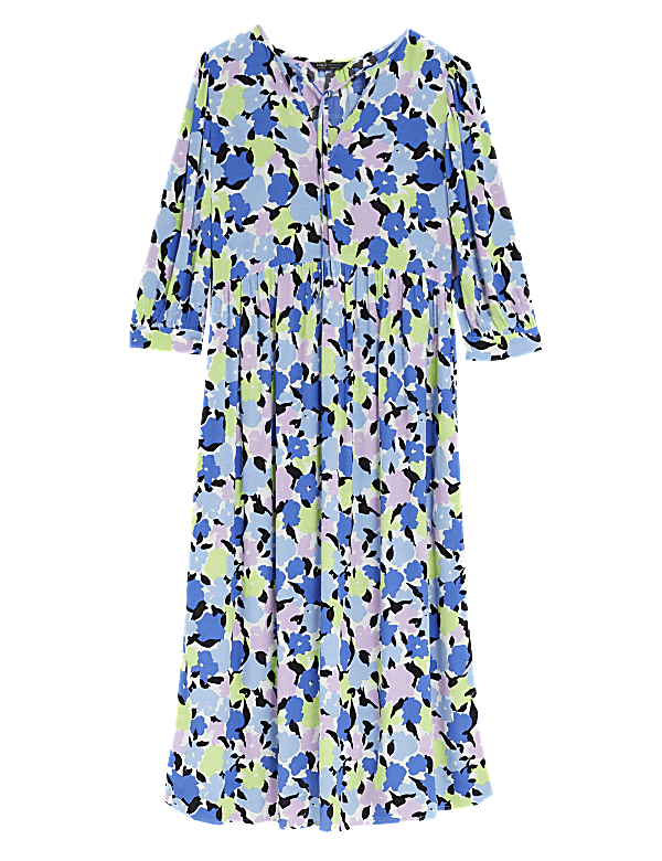 Printed Tie Neck Puff Sleeve Midi Dress