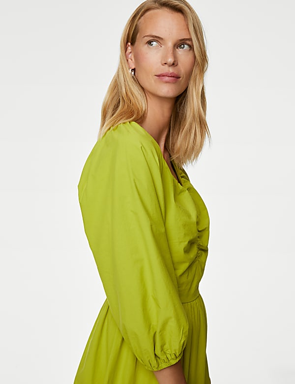 Pure Cotton V-Neck Ruched Midi Tiered Dress