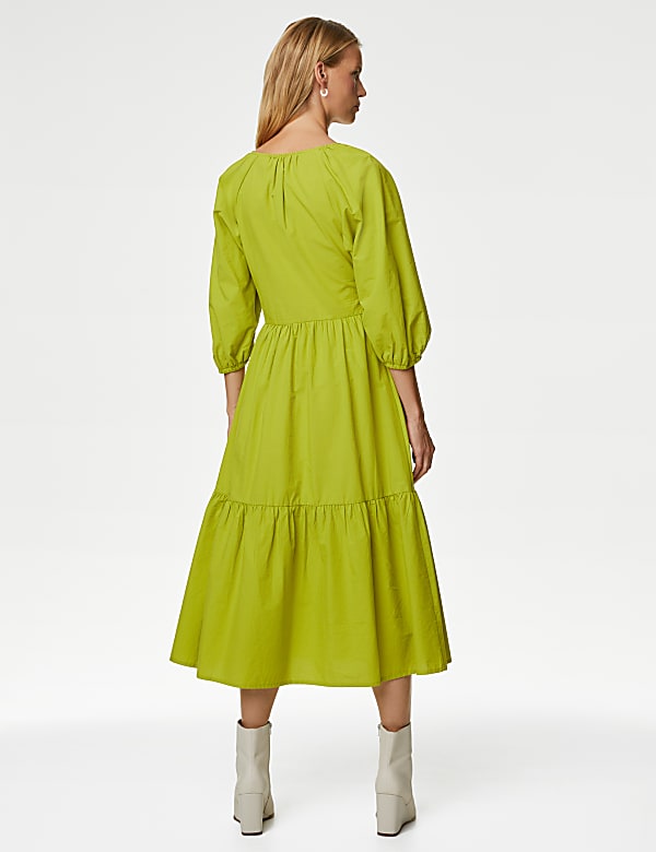 Pure Cotton V-Neck Ruched Midi Tiered Dress
