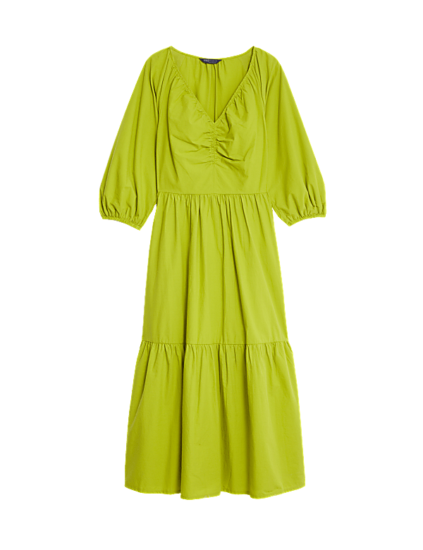 Pure Cotton V-Neck Ruched Midi Tiered Dress