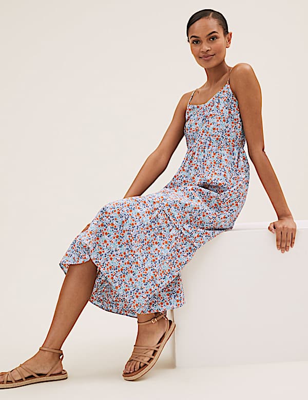 Cotton Ditsy Floral Cami Tiered Midi Dress - PT