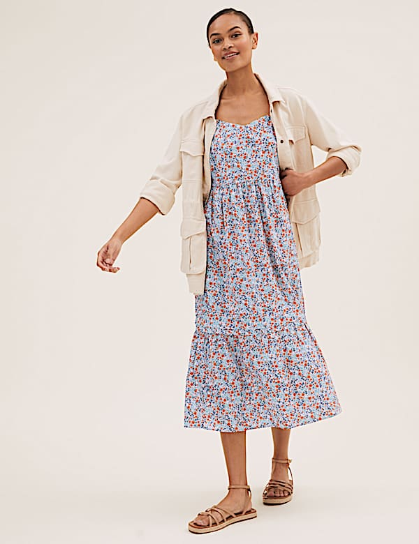 Cotton Ditsy Floral Cami Tiered Midi Dress - PT