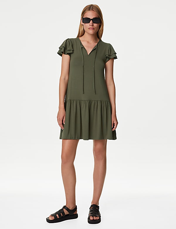 Jersey Tie Neck Mini Smock Dress