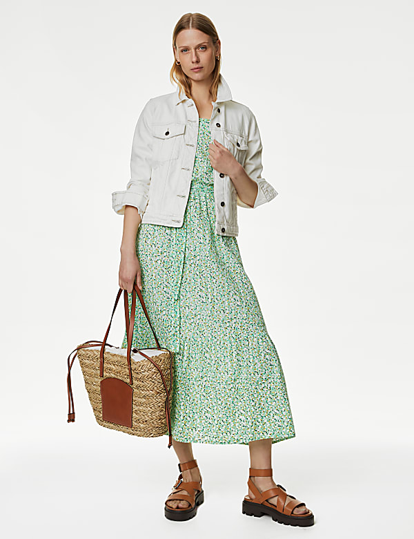 Pure Cotton Printed Square Neck Midi Dress