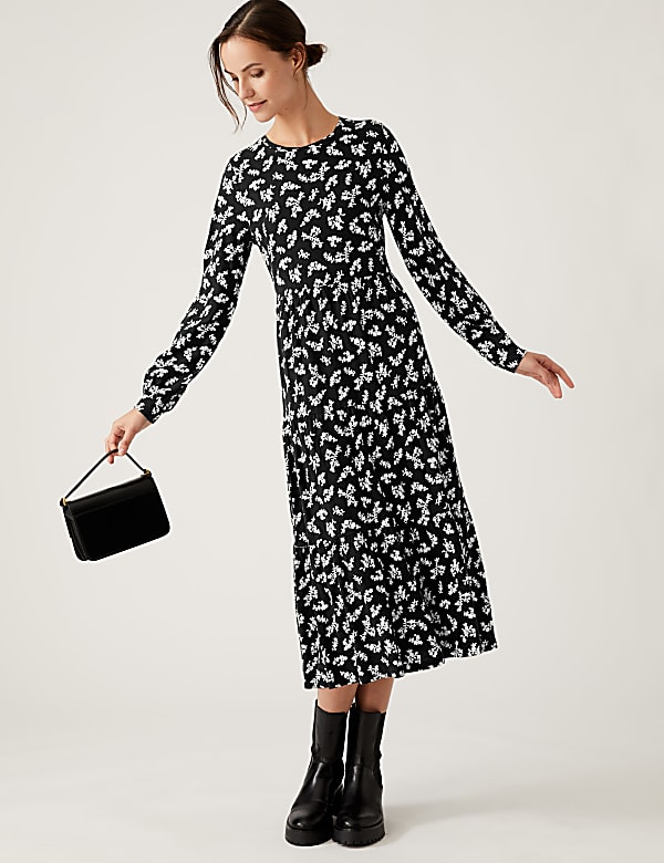 Jersey Floral Round Neck Midi Tiered Dress