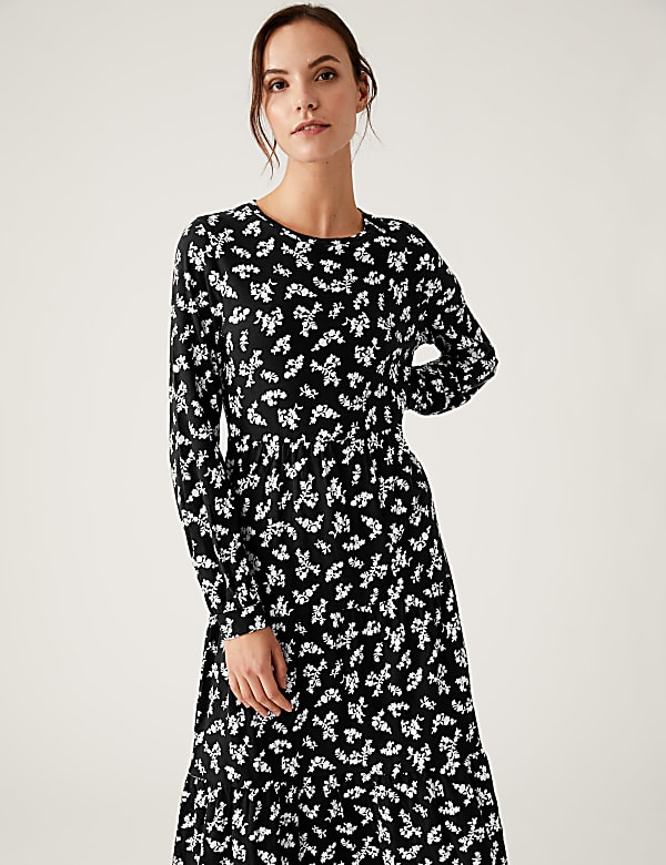 Jersey Floral Round Neck Midi Tiered Dress