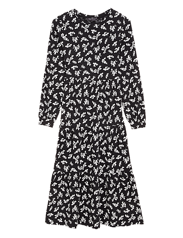 Jersey Floral Round Neck Midi Tiered Dress