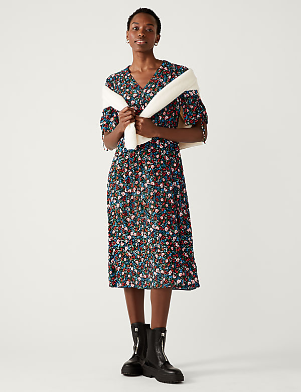 Printed V-Neck Tie Detail Midi Tea Dress