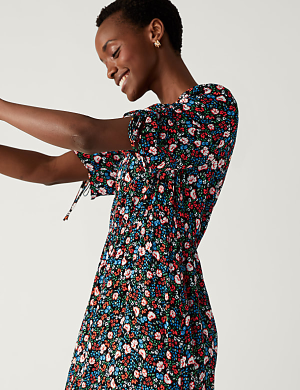 Printed V-Neck Tie Detail Midi Tea Dress