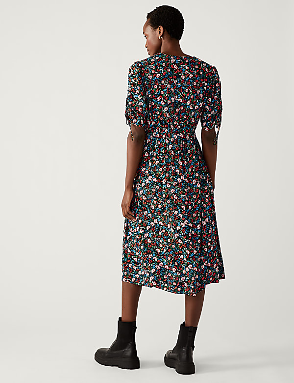 Printed V-Neck Tie Detail Midi Tea Dress