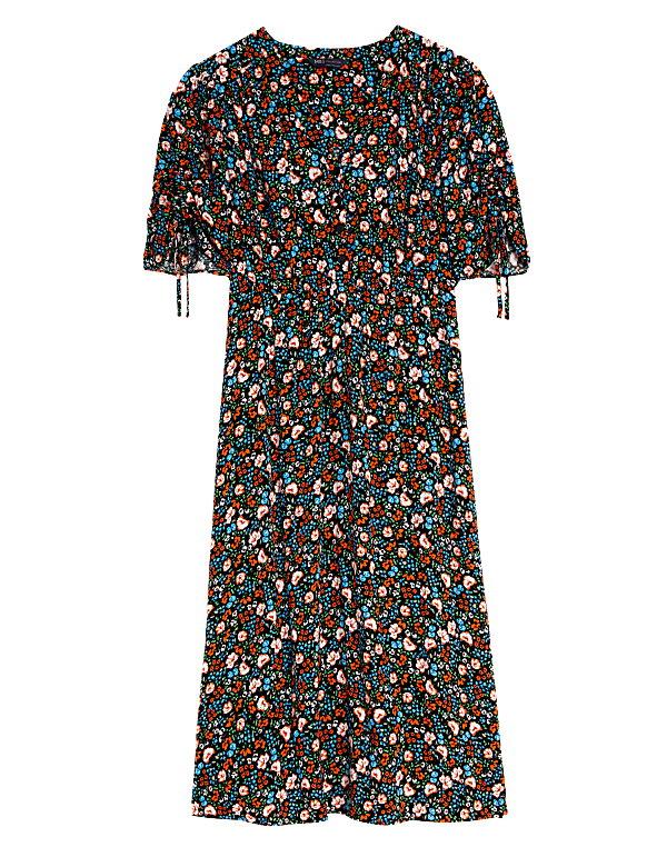 Printed V-Neck Tie Detail Midi Tea Dress