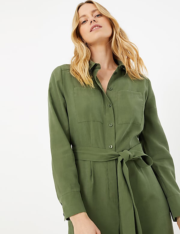 Collared Neck Belted Long Sleeve Jumpsuit