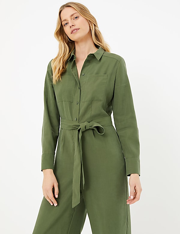 Collared Neck Belted Long Sleeve Jumpsuit
