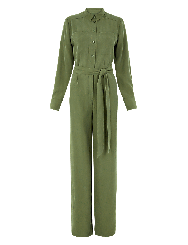 Collared Neck Belted Long Sleeve Jumpsuit