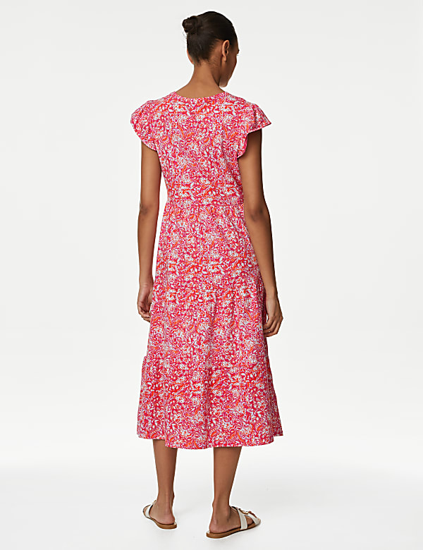 Pure Cotton Jersey Printed Midi Tiered Dress