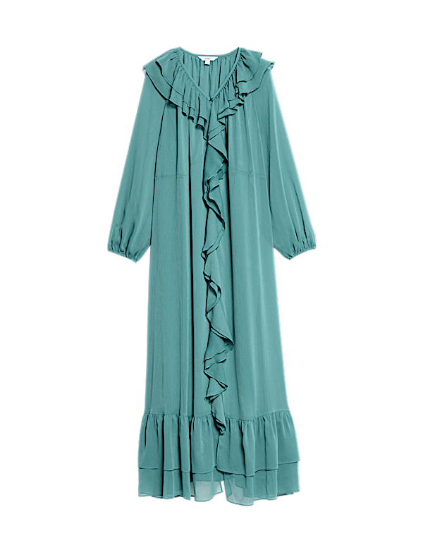 V-Neck Frill Detail Maxi Column Dress