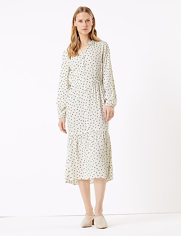 Polka Dot Frill Detail Midi Waisted Dress