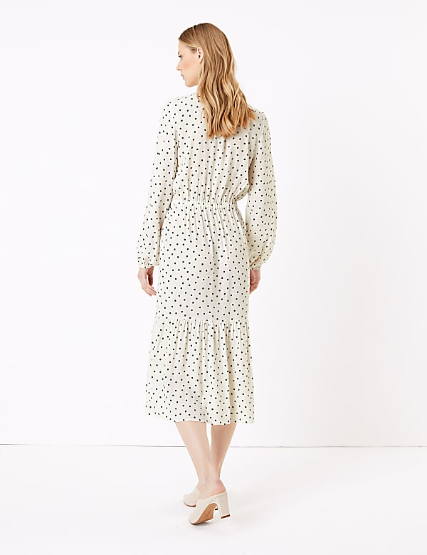 Polka Dot Frill Detail Midi Waisted Dress
