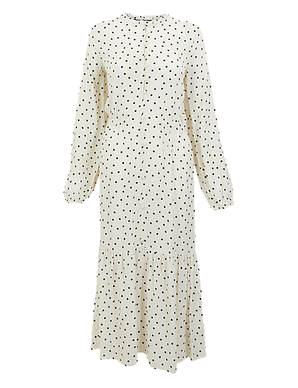 Polka Dot Frill Detail Midi Waisted Dress