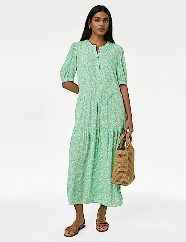 Printed Round Neck Midi Tiered Dress - ID