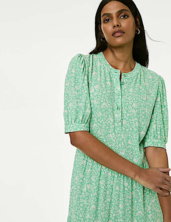 Printed Round Neck Midi Tiered Dress - ID