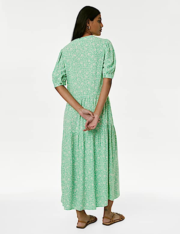 Printed Round Neck Midi Tiered Dress - ID
