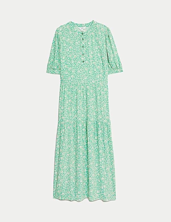 Printed Round Neck Midi Tiered Dress - ID