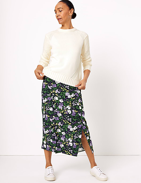 Floral Split Front Straight Midi Skirt