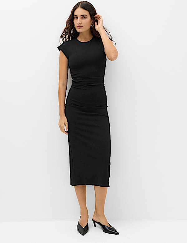 Jersey Ruched Crew Neck Midi Column Dress