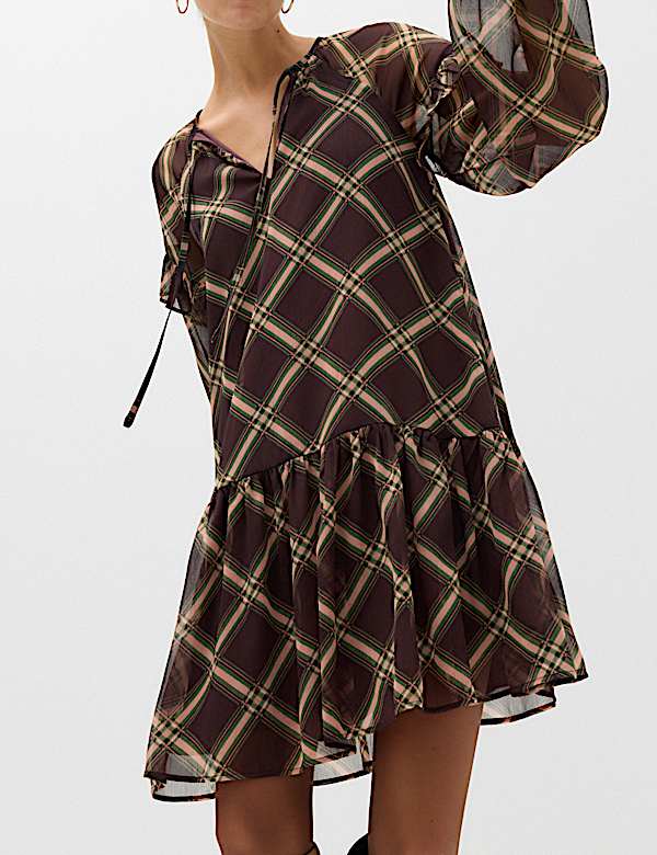 Chiffon Checked Tie Neck Mini Drop Waist Dress - AU