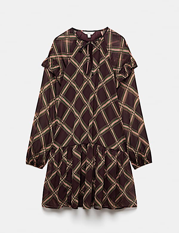 Chiffon Checked Tie Neck Mini Drop Waist Dress - AU