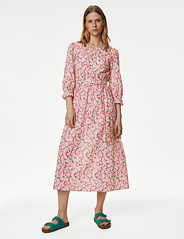Pure Cotton Floral Midi Waisted Dress