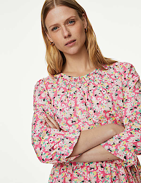 Pure Cotton Floral Midi Waisted Dress