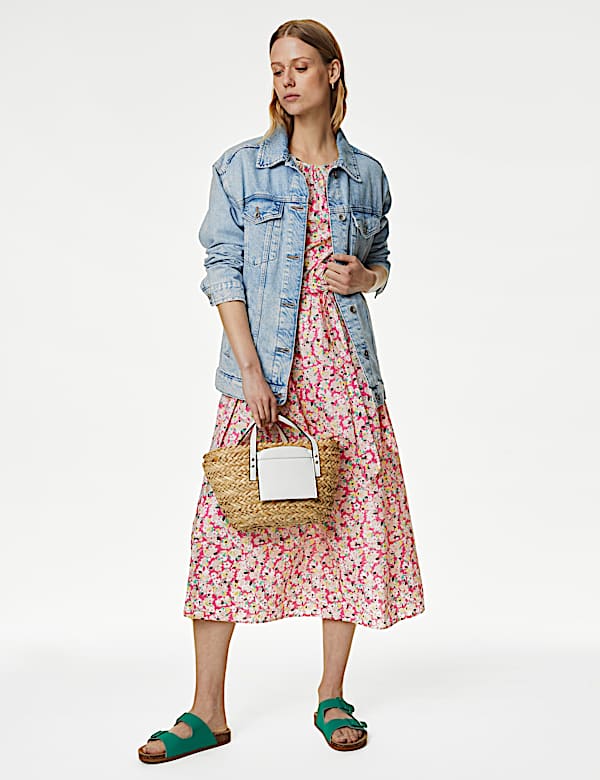 Pure Cotton Floral Midi Waisted Dress