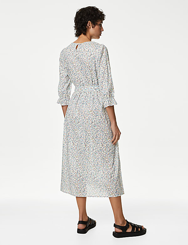 Pure Cotton Floral Midi Waisted Dress