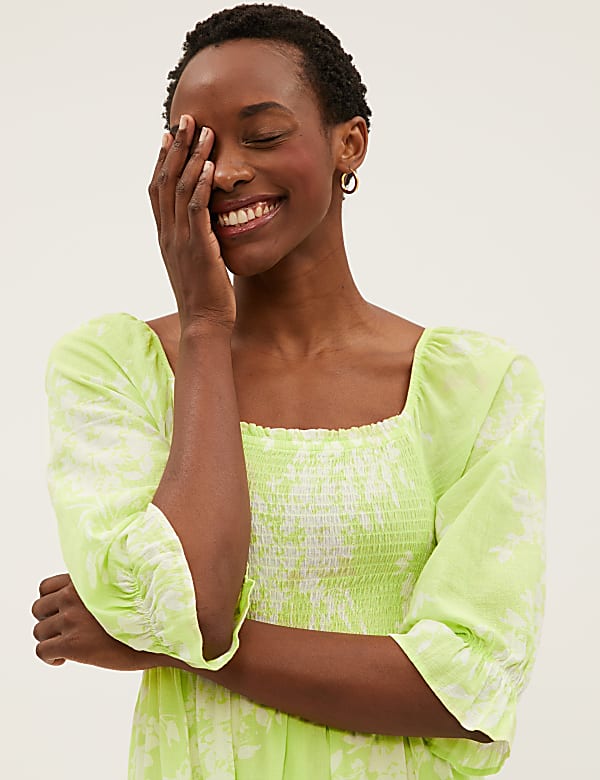 Pure Cotton Floral Square Neck Midaxi Dress