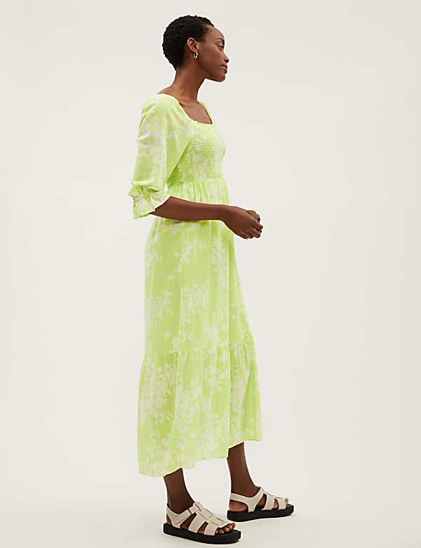 Pure Cotton Floral Square Neck Midaxi Dress