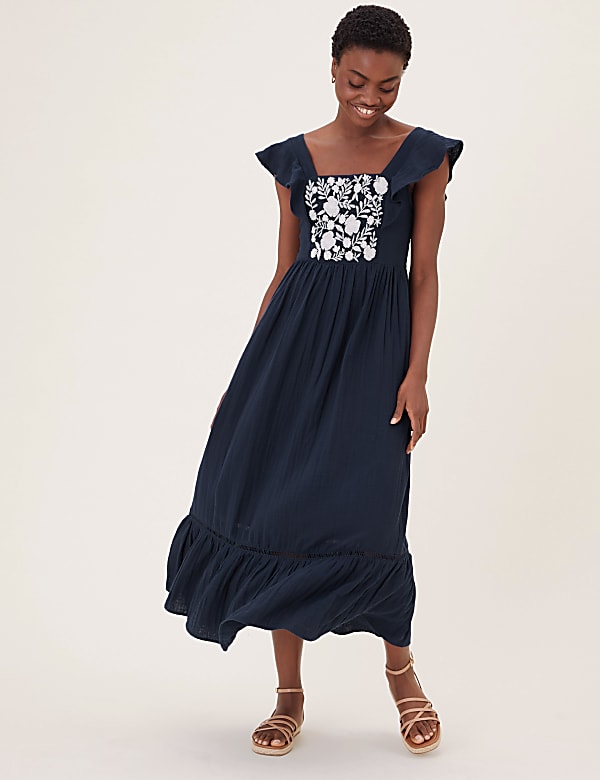 Pure Cotton Embroidered Midaxi Column Dress