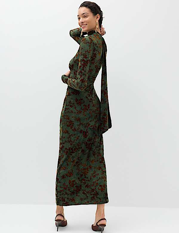 Floral Scarf Detail Midi Column Dress