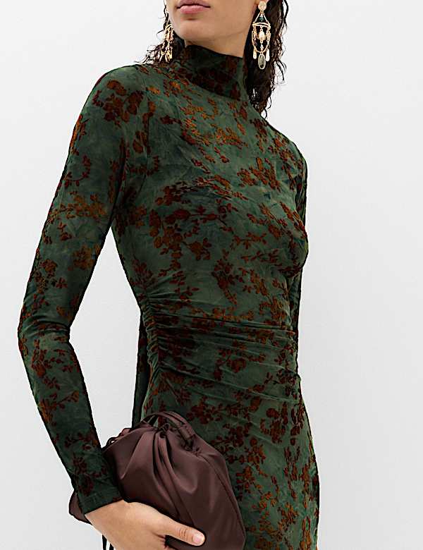 Floral Scarf Detail Midi Column Dress