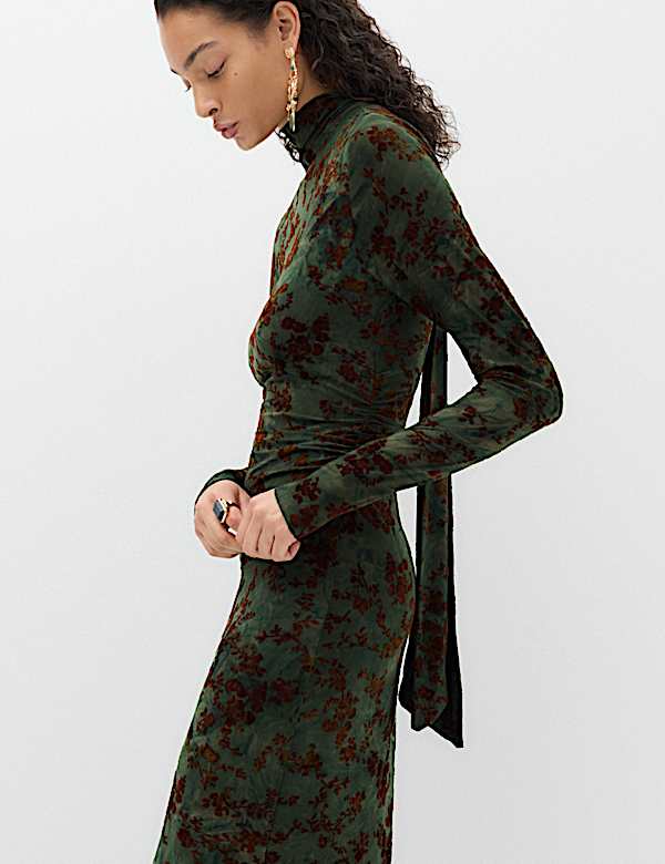 Floral Scarf Detail Midi Column Dress