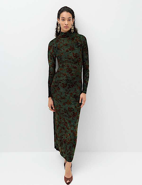 Floral Scarf Detail Midi Column Dress